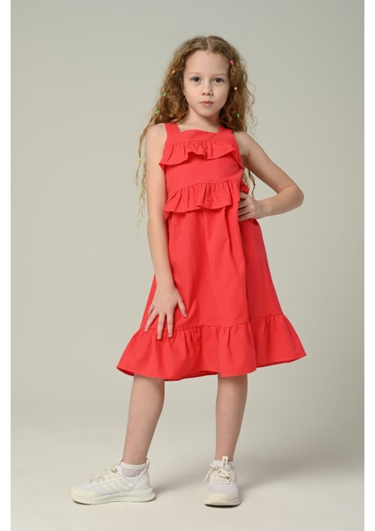 3-8 Yaş Gılrs Drees Kız Çocuk Dokuma Elbise -Nar Çiçeği
