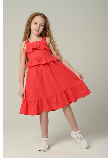 3-8 Yaş Gılrs Drees Kız Çocuk Dokuma Elbise -Nar Çiçeği