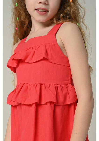 3-8 Yaş Gılrs Drees Kız Çocuk Dokuma Elbise -Nar Çiçeği