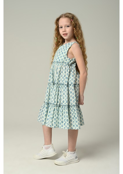 3-8 Yaş New Arina Girls Kız Çocuk Askılı Desenli Elbise -Mint