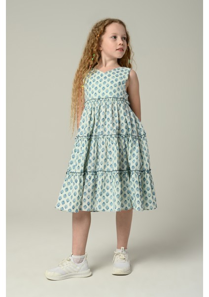 3-8 Yaş New Arina Girls Kız Çocuk Askılı Desenli Elbise -Mint fiyatları