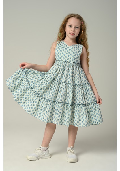 3-8 Yaş New Arina Girls Kız Çocuk Askılı Desenli Elbise -Mint fırsatları