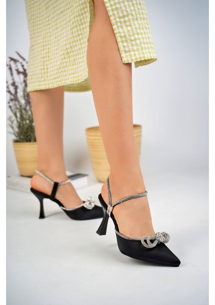Kadeh Ökçeli Arkası Açık Siyah Saten Taşlı Kadın Stiletto