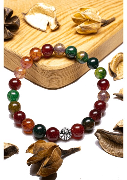 Sertifikalı Multicolor Renkli Akik Taşı Bileklik - Gümüş Aparatlı
