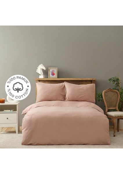 Lori Pudra Offwhite Biyeli %100 Pamuk Saten Çift Kişilik Nevresim Takımı