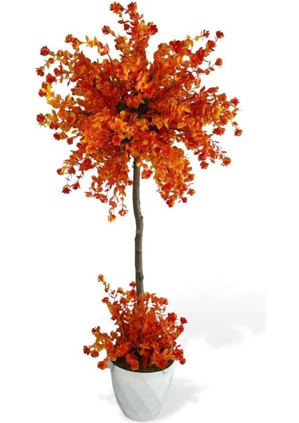 Yapay Ağaç Turuncu Top Kafalı Lotus Ağacı Beyaz Saksılı 90 cm