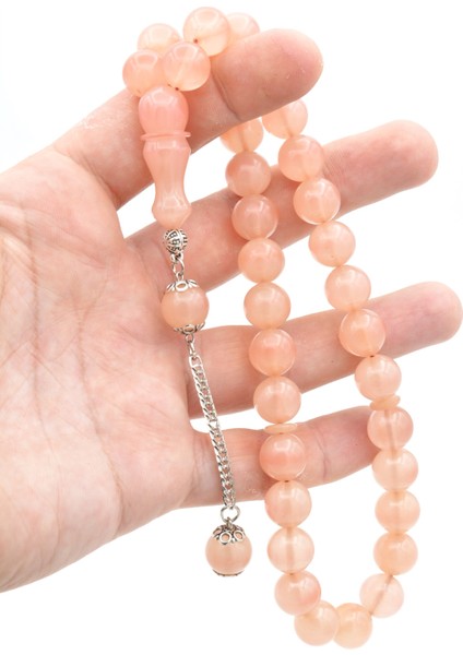 Gümüş Kaplama Kamçılı Küre Kesim Açık Pembe Sıkma Kehribar Tesbih