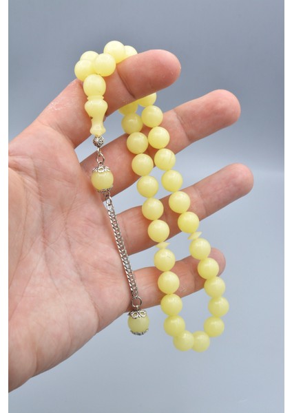 Gümüş Kaplama Kamçılı Küre Kesim Açık Sarı Sıkma Kehribar Tesbih