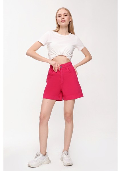 Kadın Beli Lastikli Fuşy Renk Kot Şort