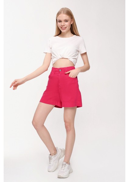 Kadın Beli Lastikli Fuşy Renk Kot Şort fırsatları