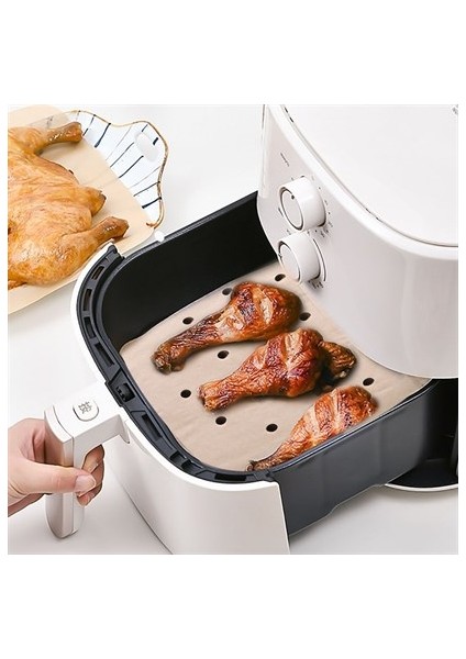 100 Adet Tek Kullanımlık Hava Yağ Geçirmez Yapışmaz Air Fryer ve Fritöz Pişirme Kağıdı -Delikli Kare Model