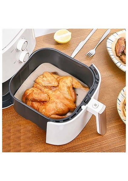 100 Adet Tek Kullanımlık Hava Yağ Geçirmez Yapışmaz Air Fryer ve Fritöz Pişirme Kağıdı -Delikli Kare Model