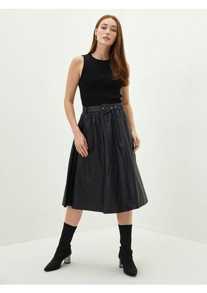 A Kesim Deri Görünümlü Kumaş Bayan Etek Bel Kemerli modelleri