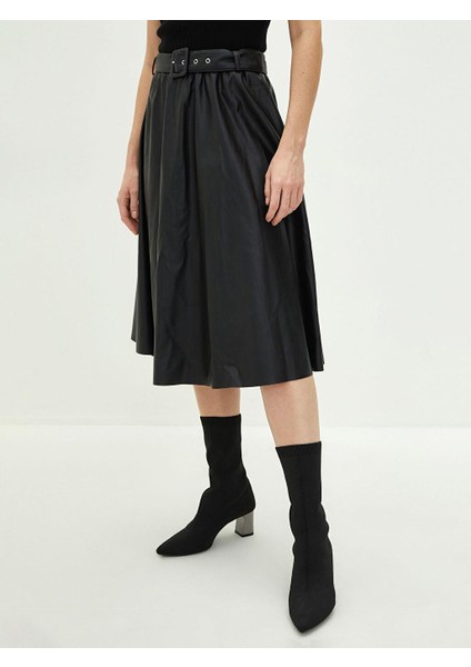 A Kesim Deri Görünümlü Kumaş Bayan Etek Bel Kemerli fırsatları