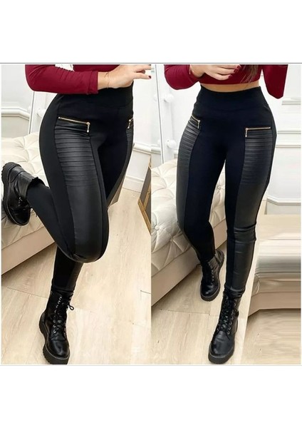 Kadın Deri Şeritli Fermuar Detay Dalgıç Tayt Pantolon fırsatları