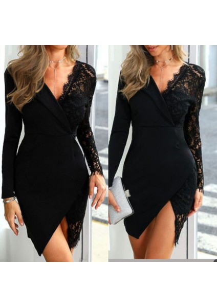 Kadın Siyah Uzun Kollu Tek Kolu Dantel Detay V Yakalı Yırtmaçlı Dalgıç Elbise modelleri