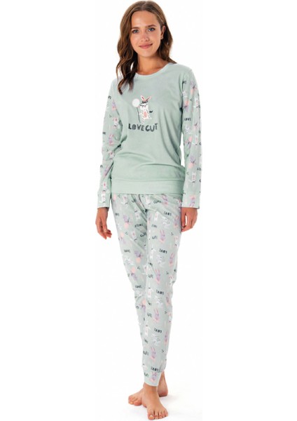 1305 Yuvarlak Yakalı Desenli Uzun Kollu Bayan Pijama Takım