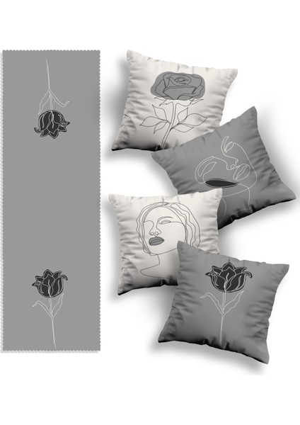 Skhome Özel Tasarım Premium Dekoratif 4lü Kırlent Kılıfı ve Runner (KO296-RN396)