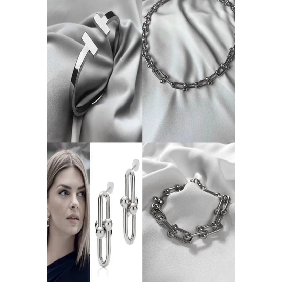 X-lady Accessories Gümüş Renk  Blanca Kombin Set Kolye, Bileklik, Kelepçe ve Küpeden Oluşan Kombin Ürün - 2276