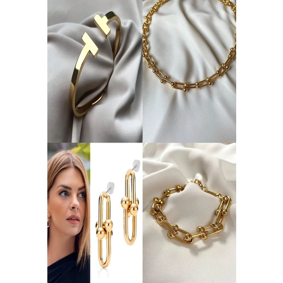 X-lady Accessories Altın Renk  Blanca Kombin Set Kolye, Bileklik, Kelepçe ve Küpeden Oluşan Kombin Ürün - 2275