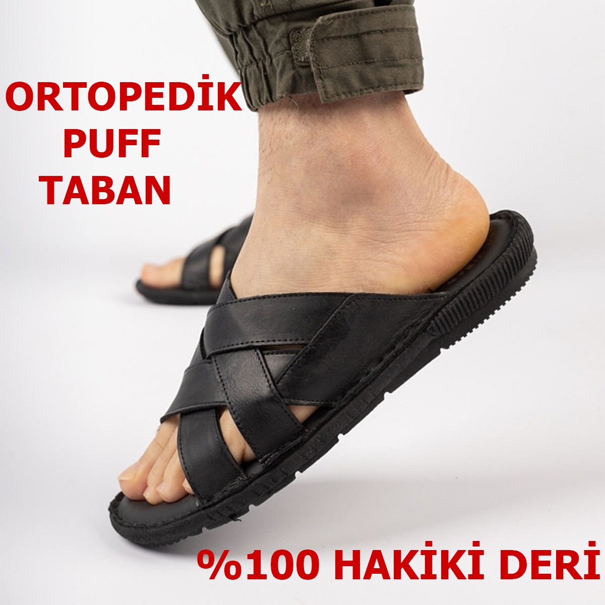 Ispartalılar Ayakkabiburada 034 Günlük Tam Ortopedik Hakiki Deri Erkek Terlik Puff Taban