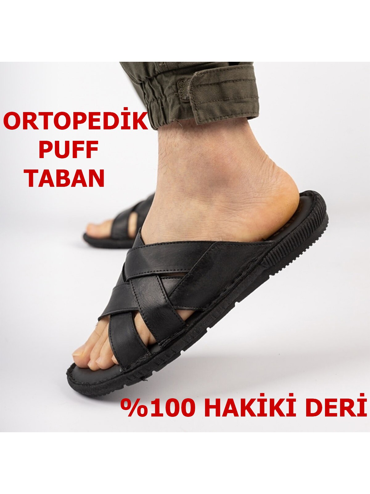 Ispartalılar Ayakkabiburada 034 Günlük Tam Ortopedik Hakiki Deri Erkek Terlik Puff Taban