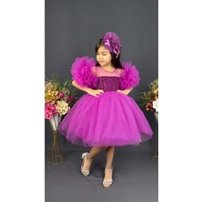 Mnk Baby & Kids Mnk Baby Şifon Robalı Ponpon Kol Pul Payetli Kız Çocuk Kabarık Etek Tütülü Abiye
