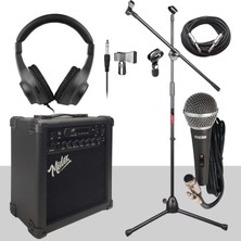 Midex MGA-25BK-PAK Elektro Gitar Amfisi 25 Watt USB Bluetooth ve Şarjlı (Amfi Mikrofon Stand Kulaklık Jack Kablo)