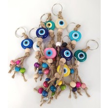 HD Marketim Nazar Boncuk Anahtarlık 20 Adet Karışık Renkli Kötü Göz Kovucu Nazar Hand Made Hasır Renkli Ahşap Boncuklu Nazarlı Anahtarlık