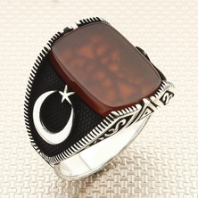 Takılingo 925 Ayar Gümüş Ayyıldız Model Düz Kırmızı Akik Taşlı Erkek Yüzük