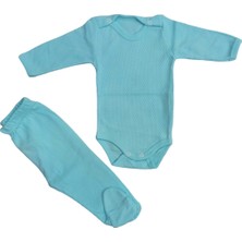 Bebedino Uzun Kollu Çıtçıtlı Bebek Badisi ve Patikli Alt Düz Renk Zıbın Seti ( Su Yeşili Renk)