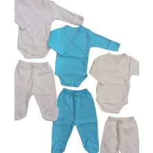 Bebedino Uzun Kollu Kendinden Eldiven Çıtçıtlı Kruvaze Badi ve Patikli Alt ( 3 Takım Beyaz-Turkuaz-Krem)