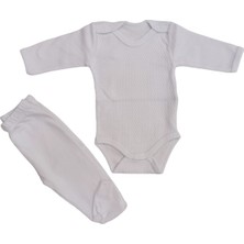 Bebedino Uzun Kollu Çıtçıtlı Bebek Badisi ve Patikli Alt Düz Renk Zıbın Seti ( Beyaz Renk)