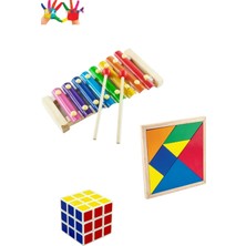 Ata Ahşap Oyuncak Ksilofon&tangram&rubik Küp 3'lü Oyun Set Renkli