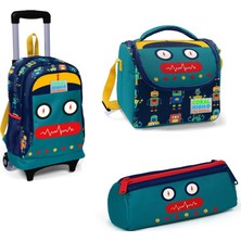 Yaygan Coral High Robot Desenli Işıklı Çekçekli Çanta Orta Boy 3'lü Set Kalem Kutusu ve Beslenme Çantası