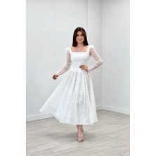 giyimmasalı Simli Kumaş Kare Yaka Midiboy Elbise - Beyaz