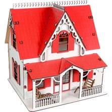 Oyuncak Ahşap Kırmızı Villa Ev 15 Parça