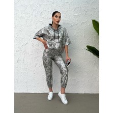 Foa Fashion Oversize Siyah Silver Baskı Kapüşonlu Iki Iplik Takım