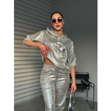 Foa Fashion Oversize Gri Silver Baskı Kapüşonlu Iki Iplik Takım
