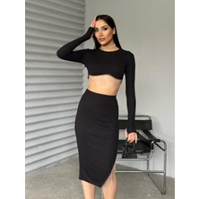 Foa Fashion Siyah Parmak Geçirmeli Crop Zincirli Bürümcük Kumaş Etek Kadın ikili Takım