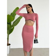 Foa Fashion Pembe Parmak Geçirmeli Crop Zincirli Bürümcük Kumaş Etek Ikili Takım