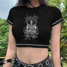 Touz Moda Triple Skeleton Baskılı Ters Dikiş Siyah Crop