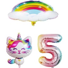 Bal10 Dünyası Bulutlu Gökkuşağı Unicorn Kedi Folyo ve Rakam Balon Seti Yaş 5