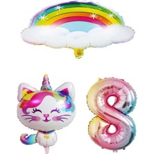 Bal10 Dünyası Bulutlu Gökkuşağı Unicorn Kedi Folyo ve Rakam Balon Seti Yaş 8