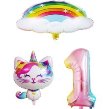 Bal10 Dünyası Bulutlu Gökkuşağı Unicorn Kedi Folyo ve Rakam Balon Seti Yaş 1
