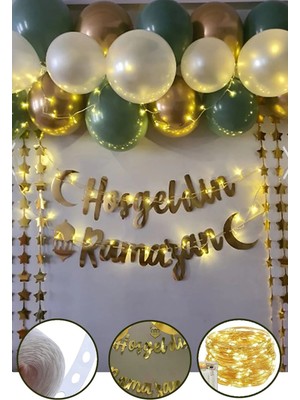 Evdeucuz Hoşgeldin Ramazan Gold Yazı Ledli Zincir Balon Seti 11 Ayın Sultanı Ramazan Bayramı Oda Süsleme Seti