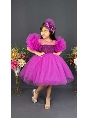 Mnk Baby & Kids Mnk Baby Şifon Robalı Ponpon Kol Pul Payetli Kız Çocuk Kabarık Etek Tütülü Abiye