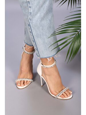 Shoeberry Kadın Penol Beyaz Cilt Taşlı Tek Bantlı Topuklu Ayakkabı10