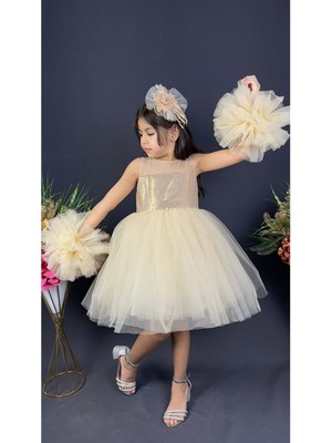 Mnk Baby & Kids Mnk Baby Şifon Robalı Ponpon Kol Pul Payetli Kız Çocuk Kabarık Etek Tütülü Abiye