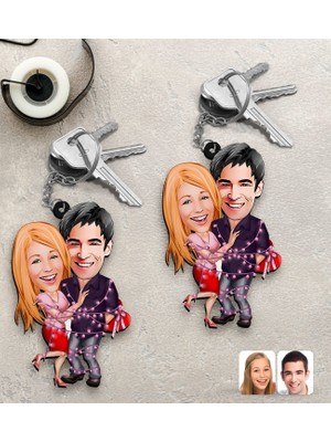 Bk Gift Kişiye Özel Sevgililer Karikatürlü 2’li Ahşap Anahtarlık Seti-2